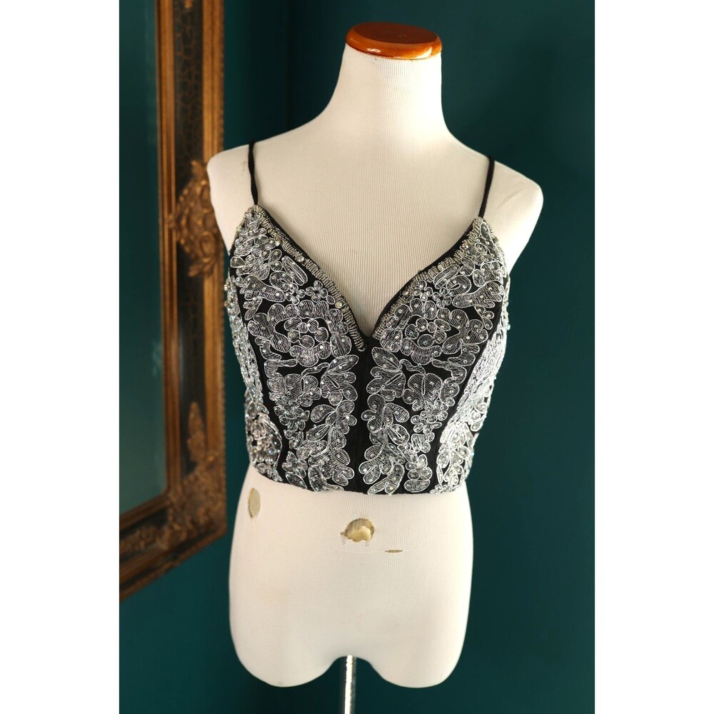 B. Darlin Spaghetti Strap Crop Top Black Beaded Sequin Whimsigoth Fairy Grunge